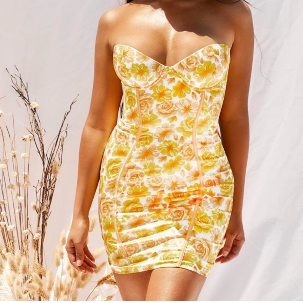 Oh Polly Time to Blossom Satin Mini Dress in Lemon